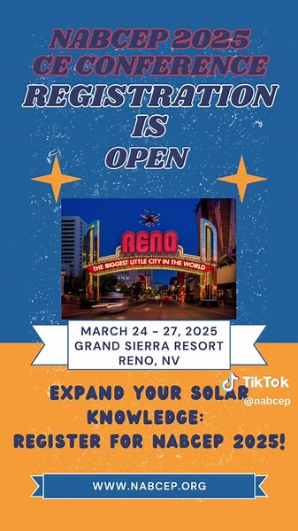 Ready to power up your solar skills? 🌞💡NACEP CE Conference 2025 registration is NOW OPEN! #NABCEP2025 #solareducation #RenewableEnergy