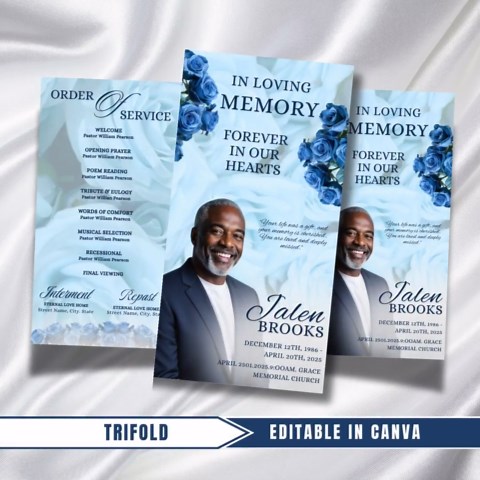 Light Blue Roses Funeral Program: Trifold Memorial Template (17x11 Canva Template) - Etsy
