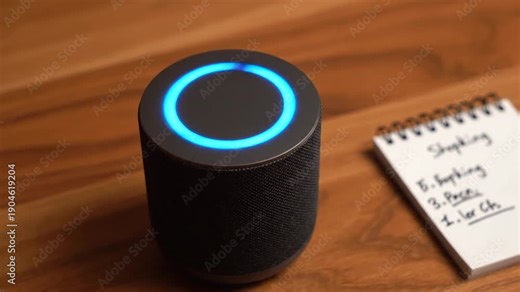 A smart speaker sits on a wooden desk next to a shopping list notepad. Its blue LED ring glows brightly, indicating active status or processing a voice command related to the items listed over the 8-