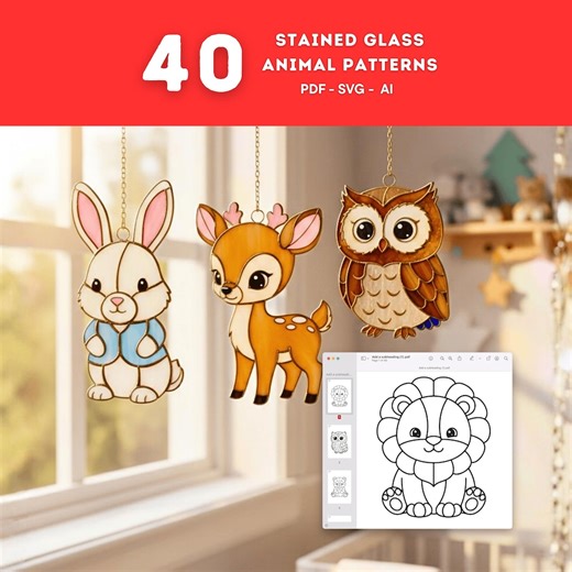 Animal Stained Glass Patterns, Woodland Nursery Animals (PDF, SVG, AI) - Etsy Australia
