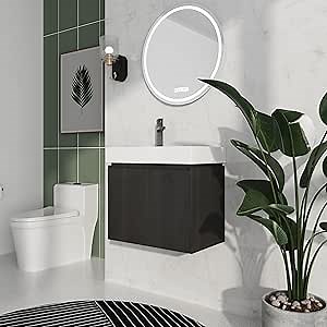 24 Inch Floating Bathroom Vanity,Bathroom Vanity with Sink,Small Bathroom Sink Cabinet with Ceramic Basin,Solid Wood Frame,Black Floating Vanity Bathroom,Wall Mounted Modern Vanity