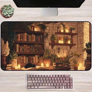 Cozy Cottagecore Library Desk Mat | Medieval Bookshelf With Candles, Plants, and Sleeping Cat, Warm Aesthetic Mouse Pad for Readers - Etsy Canada