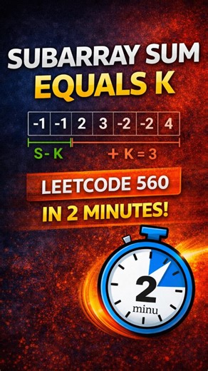 Pranav Zagade on Instagram: "Subarray Sum Equals K | Interview Problem Explained Simply One of the most asked coding interview problems 🔥 In this video, you’ll learn how to solve Subarray Sum Equals K using: ✅ Prefix Sum ✅ HashMap optimization ✅ Handling negative numbers ✅ Clean & interview-ready logic This problem is frequently asked in FAANG & product-based companies, so make sure you understand it well. 📌 Save this post 💬 Comment “CODE” if you want the solution 🚀 Follow for more DSA & int