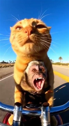 The two friends advance together in the race.#funny #monkey #cat