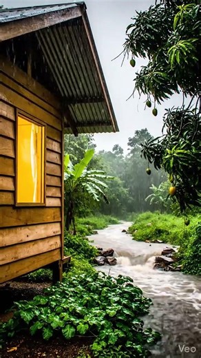 Cozy Wooden Cabin in Heavy Rain | Tropical Orchard & Relaxing Birdsong.