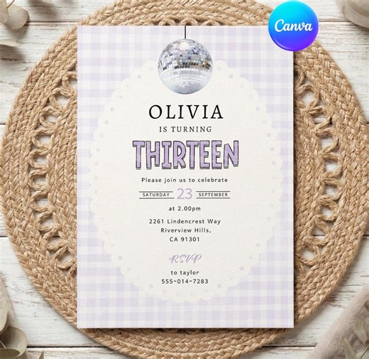 Personalised 13th Birthday Party Invitation – Disco Ball Birthday Invite – Purple Party Invite - Etsy