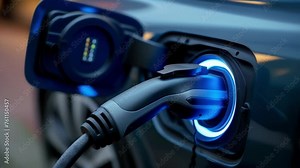 An upclose look at the plugin charger connecting to the electric vehicle demonstrating how easy it is to recharge the car from a power source.