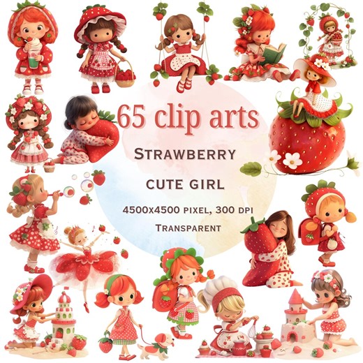 65 Strawberry Cute Girl Clipart | Adorable Strawberry-themed Actions | Unique and Charming Clipart for Crafts, Scrapbooking, and More - Etsy