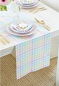 Solino Home Linen Gingham Table Runner 48 Inches - 100% Pure Linen Multicolor Pastel Gingham Checkered Table Runner 14 x 48 Inch Ideal for Dresser and Coffee Tables, Spring, Summer