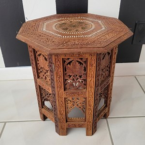 Vintage Moroccan-style Side Table, Intricately Carved Wood and Inlaid Brass and Shell - Etsy