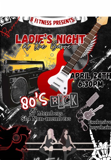 Ladies Night at the Barre New monthly event in Las Vegas This months thene 80’s Rock Come dressed in your best 80’s outfit We have vendors and mocktails Exclusive guitar keychain Themed keychains at all our events. $7 members $14 non-members Affordable event for women in Las Vegas. #lasvegasevents #barre #vegasevents #ladiesnightatthebarre #ladiesnightout