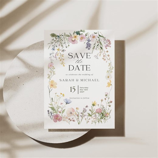 Wildflower Save the Date Invitation, Boho Floral Invite (digital Download), Wildflower Wreath, Pink Save the Date Invitation Template - Etsy