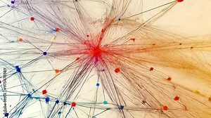 Exploring vibrant visualizations of interconnected data points in abstract art during a digital art exhibition