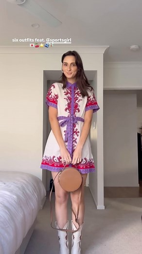 Loving @kkateelisee styling her new SG pieces with her existing wardrobe 🫶 #SportsgirlStyle ✨ Stella Mini Dress $99.95 ✨ Carter Western Boots $99.95 ✨ Red Cowgirl Western Earrings $14.95 ID: video of Kate styling a red, purple and white mini dress and white cowboy boots together and with denim, knits and more to create six outfits. | Sportsgirl