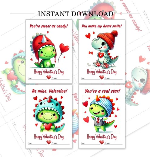 Printable Dinosaur Valentine Cards for Kids, Cute Watercolor Dino Classroom Valentine, Digital Print - Etsy