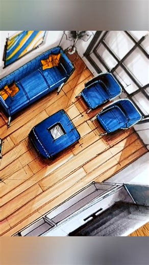 Marker Rendering|Top View, Plan Perspective🤎💙#architecturedrawing #sketch #sketchbook #howtodraw