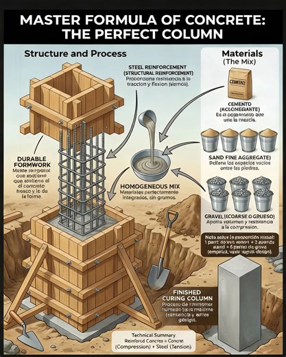 📝Master Formula of the Perfect Concrete Column A reinforced concrete column is constructed with structured steps and materials: - Structure and Process: ​ - Durable formwork acts as a mold to shape concrete while it is still wet. ​ - Steel reinforcement provides resistance against tensile and bending forces. ​ - A homogeneous concrete mix (without lumps) is poured into the formwork, followed by a curing process to achieve maximum strength. ​ - Mix Materials: ​ - Cement serves as a binder to hol