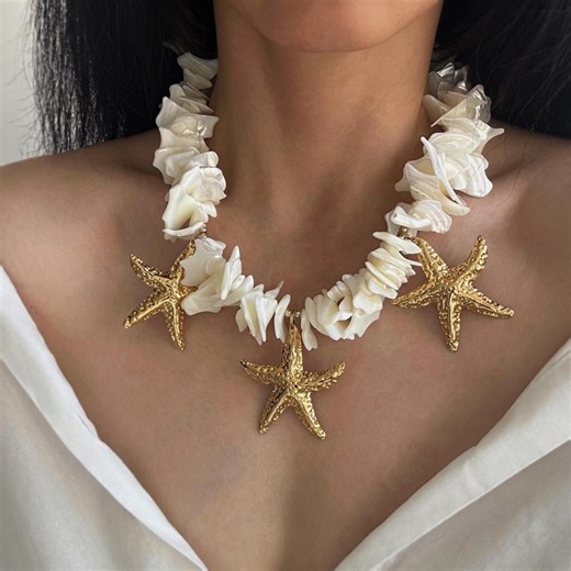 White Sea Shell Necklace • Bold Statement Gold Starfish Necklace • Summer Beach Wedding Bridal Jewelry - Etsy Australia