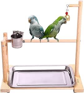 QBLEEV Birdcage Stands Parrot Play Gym Wood Conure Playground Bird Cage Stands Accessories Birdhouse Decor Table Top PlayStand with Ladder Stainless Steel Feeder Cup Tray for Small Medium Parakeets Ca