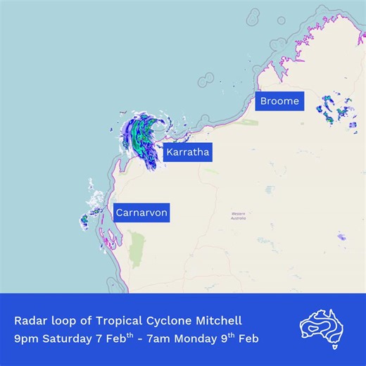 Over the weekend, Tropical Cyclone Mitchell reached category 3 intensity, and the system is moving southwards, parallel to the Western Australian coast. The eye of the system passed over offshore islands, with a peak gust of 169km/hr recorded at Legendre Island, 148km/hr at Barrow Island and 132km/hr at Varanus Island. Over the mainland, the strongest winds so far have been 120km/hr at Onslow, 119km/hr at Learmonth and 96km/hr at Mardie. The heaviest falls in the past 48 hours to 7am AWST today 