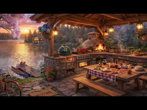 Cozy Outdoor Kitchen Ambience 🌅🔥 | Sunset by the Lake, Fireplace & Nature Sounds
