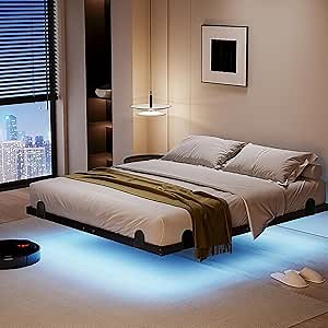 14 Inch Floating King Bed Frame with Smart LED Lights and Charging Station, Modern Metal King Bed Frame, Easy to Assemble, No Box Spring Needed