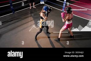 Left boxer starting jab, pressing right boxer blocking, countering for fitness HUD obscuring gloves. Sparring, fighter, ring, gym, headgear, footwork, defense Stock Video Footage - Alamy