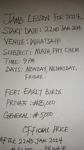 Learn from the expert TUTOR. Learn simple ways to answer jamb questions and score above 280 in JAMB 2024. The class starts from MONDAY 22ND JANUARY 2024. VENUE: WHATSAPP PLATFORM TIME: 9PM DAYS: MONDAY WEDNESDAY & FRIDAY DON'T MISS OUT THE EARLY BIRDS OFFER. SEE YOU IN CLASS. #instructoralison #Jamb #register | Alison Zaccheaus Otuebe