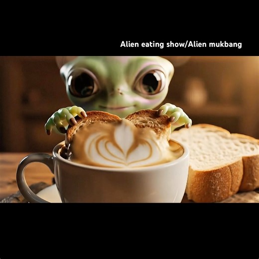 Alien Dips Bread in Coffee. Lovely 👽☕️🍞💕