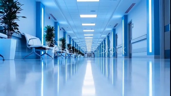 Modern hospital corridor showcasing sleek design, bright lighting, and empty waiting area