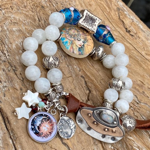 Alien Encounter Celestial Bracelet: Opal Spaceship Button, Celestial Traveler, Rainbow Moonstone, Moon Star Charm - Etsy