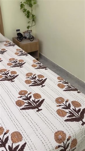 Floral Block Print Indian Kantha Quilt – White Cream Mustard Cotton Handmade Indian Bedspread for Bedding, Sofa Decor & Cozy Home Style - Etsy