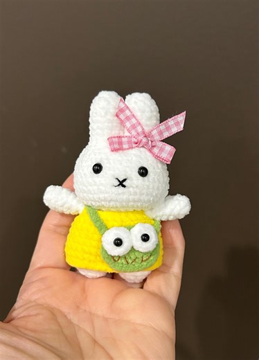 Handmade Crochet Bunny Doll, Pink Bow, Frog Bag - Etsy
