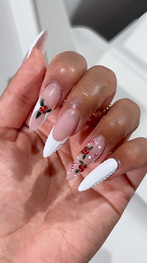 easy simple white christmas nails ❄️🎄 clean french tips with textured sweater nails, mistletoe with red crystals, and candy cane details. a cute and classy nail set for the holidays. save this for your holiday nail inspo share this to your nail bestie 💌 #christmasnails #whitechristmasnails #frenchtipnails #sweaternails #holidaynails2025 #winternails2025 #nailartinspo #festivenails #holidaynails | Bynicolemv
