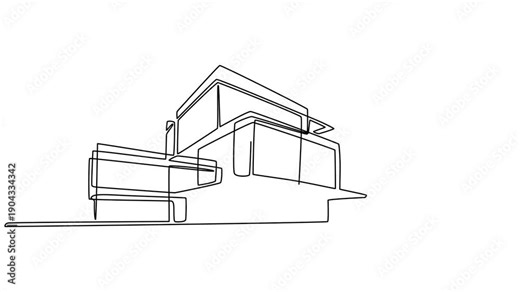 Self drawing animation of modern flat roof house drawn by continuous line. Animated minimalist commercial building black one line sketch, Animated self drawing of continuous one line draw luxury house