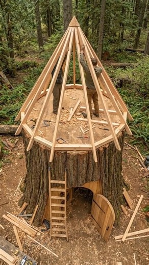 I Built a Secret 2-Story Cottage Inside a Giant Tree Stump! 🌲#survival #outdoors #travel #camping