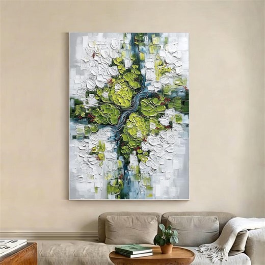 Abstract Forest River Oil Painting, Green Trees With White Highlights and Blue Stream, Textured Impasto Landscape Art, Serene Nature Decor - Etsy