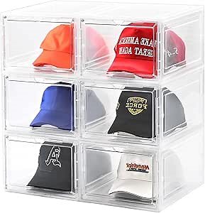 Amazon.com - beehomay Hat Organizer Box,Stackable Clear Baseball Caps Holder Box Containers with Magnetic Door for Hats Snapback Cap Storage,Clear Hat Storage with Magnetic Door, Holds 60 Hats(clear, 6 pack)