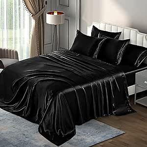 P Pothuiny 6 Pieces Queen Satin Sheets Luxury Silky Black Satin Bedding Sheet Set, 1 Deep Pocket Fitted Sheet + 1 Flat Sheet + 4 Pillow Cases