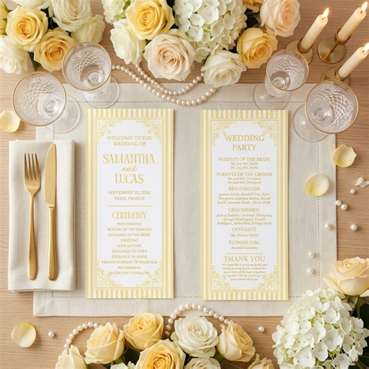 Butter Yellow Stripes Wedding Program Ceremony Menu, Elegant Vintage Summer Wedding Invite, Luxury Classic Yellow Stripes Wedding Invites