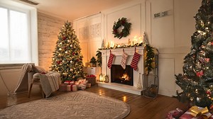 Christmas Zoom Background Free - Cozy Interior Fireplace and Christmas Tree Daytime
