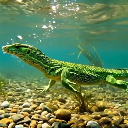 underwater video shows a vibrant green monitor lizard swimming gracefully through a clear water