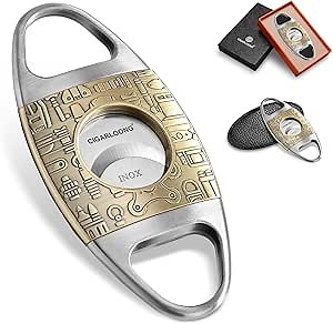 Cigar Cutter Stainless Steel Carved Guillotine Double Cutting Blade Gift Box Packaging(Gold Blade + Gray Handle)