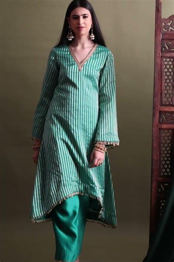 Striped Silk Kurta Set with Bell Sleeves | Festive Wear Inspo