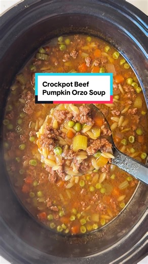 Slow cooker beef pumpkin orzo soup is a tasty & comforting soup that’s perfect for the autumn & winter seasons. Ground beef, orzo pasta, sage, cinnamon, pumpkin…this soup is the embodiment of fall in a bowl. For the full recipe, Google ‘fitslowcookerqueen beef pumpkin orzo soup’ or click the link in my profile & search there. ♦️Ingredients Ground Beef Canned Pumpkin Puree Orzo Pasta Beef Broth Onion Celery Garlic Frozen Peas & Carrots Seasonings: salt, pepper, ground sage, ground ginger, cinnamo