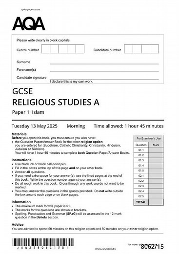 GCSE Religious Studies A Paper 1 Islam 2025 Qp