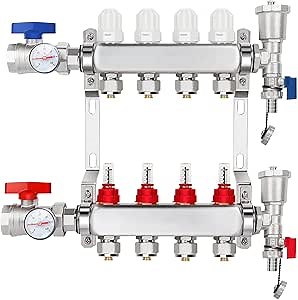 4-Branch PEX/Radiant Heat Manifold ，1/2" PEX Tubing Manifold,304 Stainless Steel Floor Heat Manifold Kit with 1/2" Adapters Included for Hydronic Radiant Floor Heating (4-LOOP)