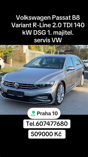 Volkswagen Passat Variant R-Line 2.0 TDI 140 kW DSG Rok 2020, 1. majitel, pravidelný servis výhradně ve Volkswagen (kompletní historie). Nájezd 168 000 km – poctivé dálniční kilometry. Bohatá výbava R-Line: DCC adaptivní podvozek, Matrix LED, panoramatická střecha, 360° kamera, ACC, Lane Assist, Park Assist, masážní a vyhřívaná sedadla, digitální cockpit, MIB3 navigace, DAB, App-Connect. Auto denně v provozu, technicky ve výborném stavu, bez nutných investic. Běžné kosmetické stopy odpovídající 
