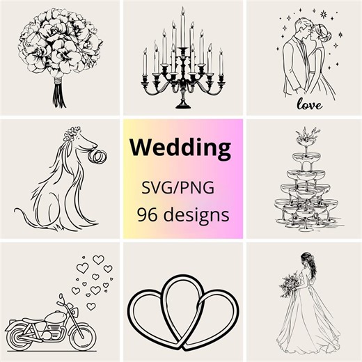 Romantic Line Wedding SVG & PNG Bundle | Elegant Wedding Symbols Drawn by Hand SVG Set - Etsy