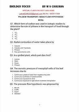 Transport in plants solved mcqs; diffusion osmosis and active transport; transpiration in plants;